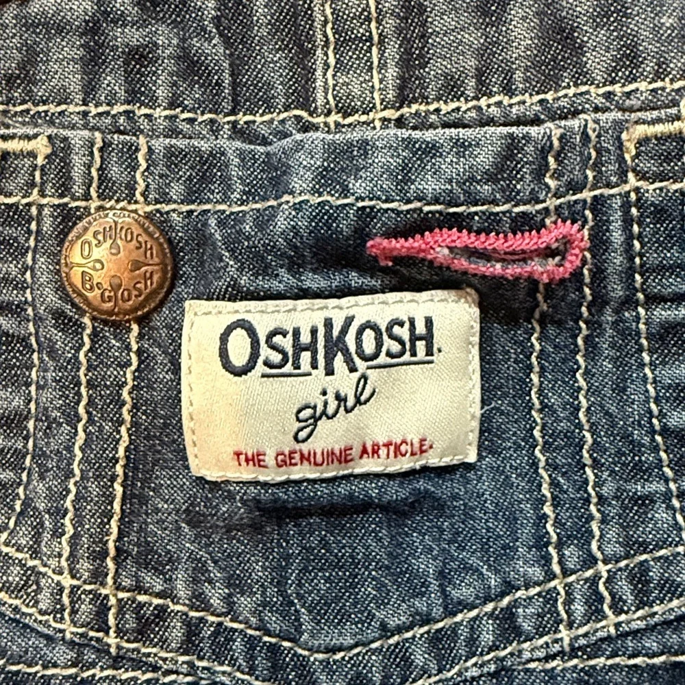 OshKosh 100% Cotton Navy Blue Plaid Tiered Bottom Denim Overall Dress Size 12 M